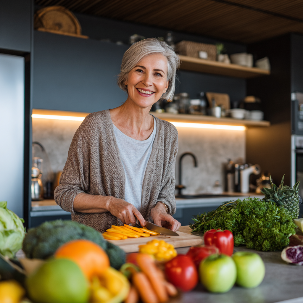 Bulgarian adults of various ages enjoying a healthy meal together around a dining table, smiling and showing satisfaction with nutritious food choices