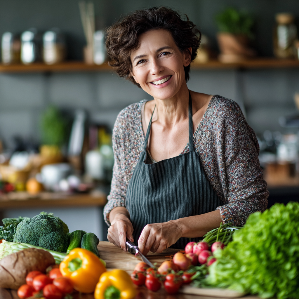 Bulgarian adults of different ages cooking together in a modern kitchen, preparing healthy meals with fresh vegetables and ingredients